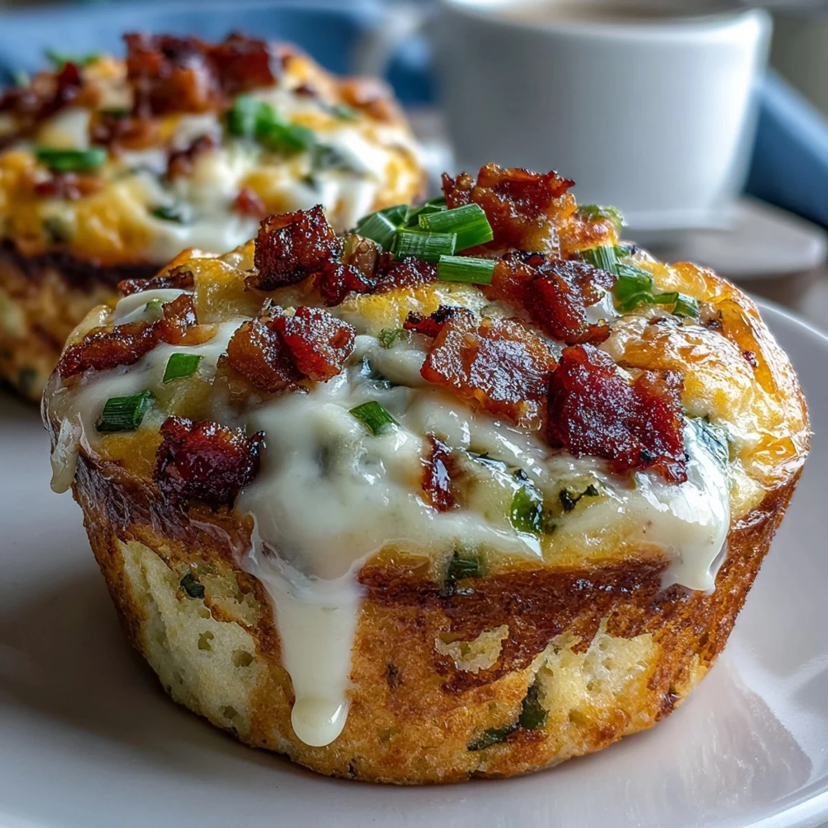 Golden-brown Breakfast Egg Muffins with melted cheddar, crisp bacon, and vibrant bell peppers on a rustic wooden board.