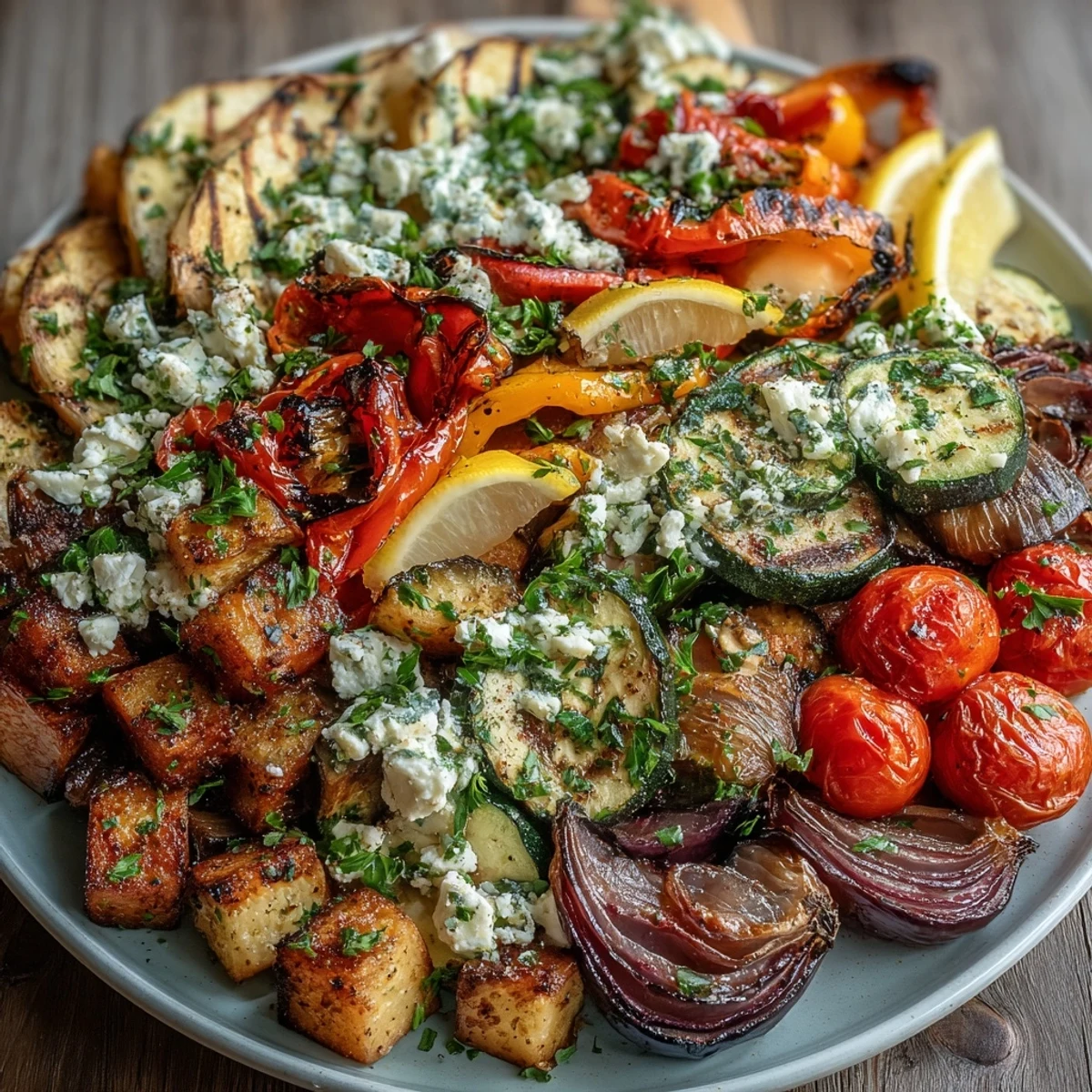 Freshly roasted Mediterranean Greek vegetables with caramelized edges, topped with crumbled feta and fresh parsley, served warm from the oven.