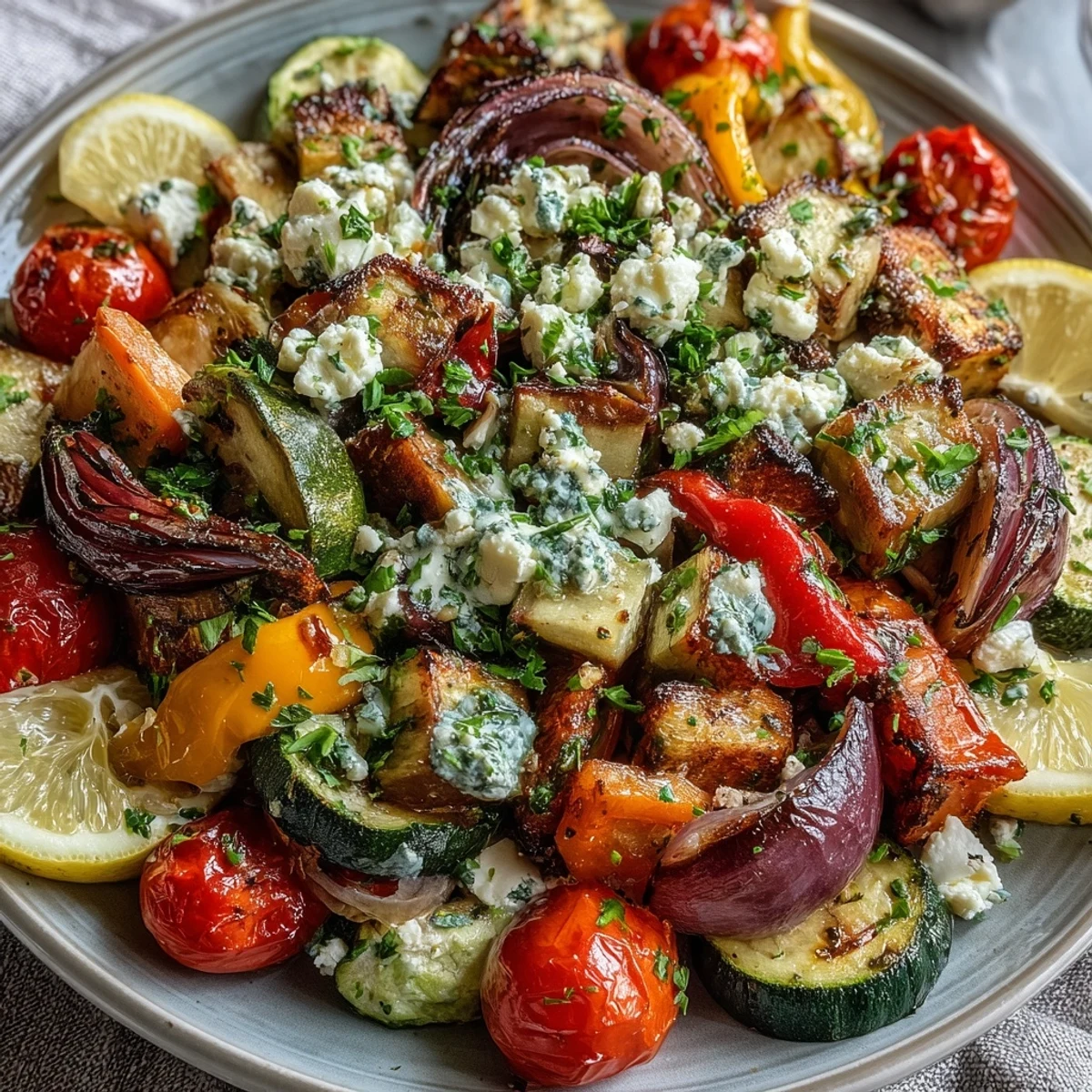 Roasted Mediterranean Greek vegetables with zucchini and bell peppers on a baking sheet, garnished with feta and ready to serve.