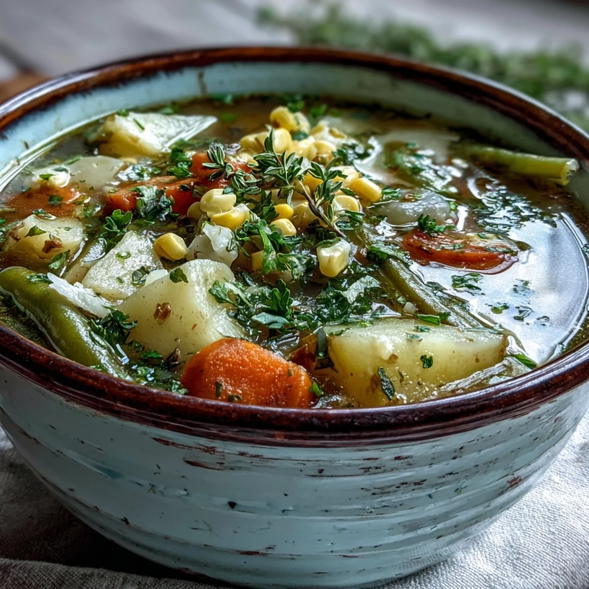 Creamy Amish Snow Day Soup with tender vegetables and herbs served steaming in a rustic bowl.