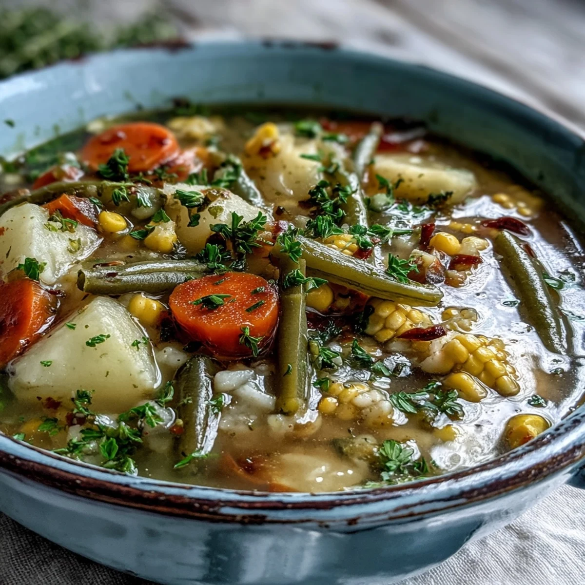 Hearty Amish Snow Day Soup ladled into a white bowl, garnished with parsley beside crusty bread.