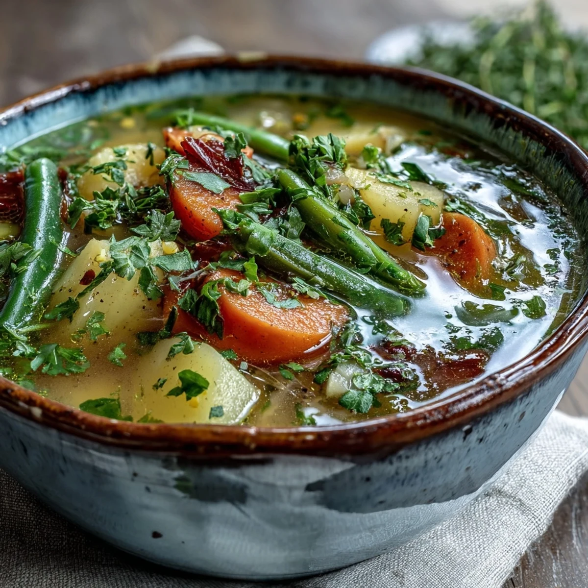 Comforting Amish Snow Day Soup simmering with carrots, potatoes, and celery in a savory cream broth.