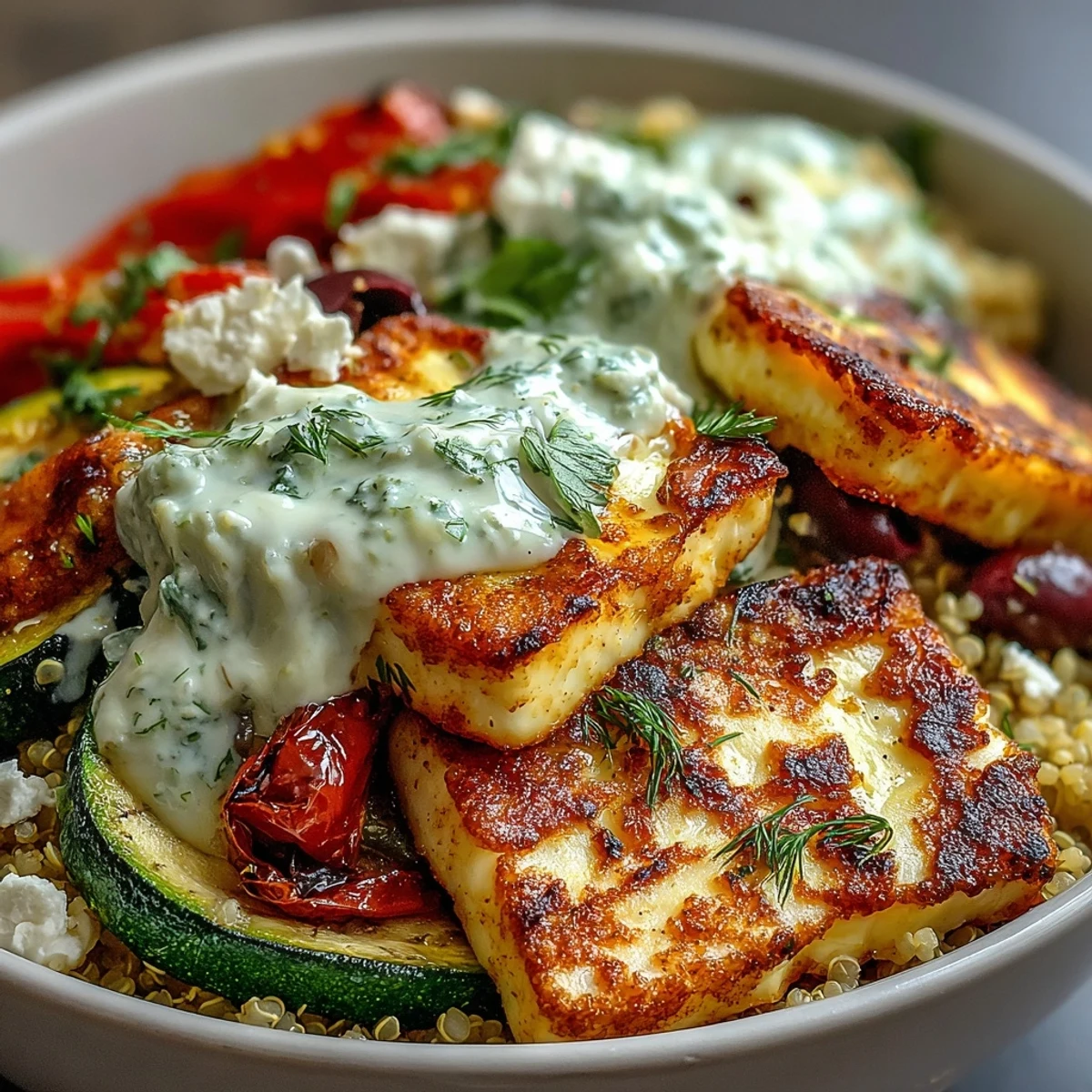 Grilled Mediterranean Bowl with charred zucchini and bell peppers over fluffy quinoa, topped with feta and tzatziki.