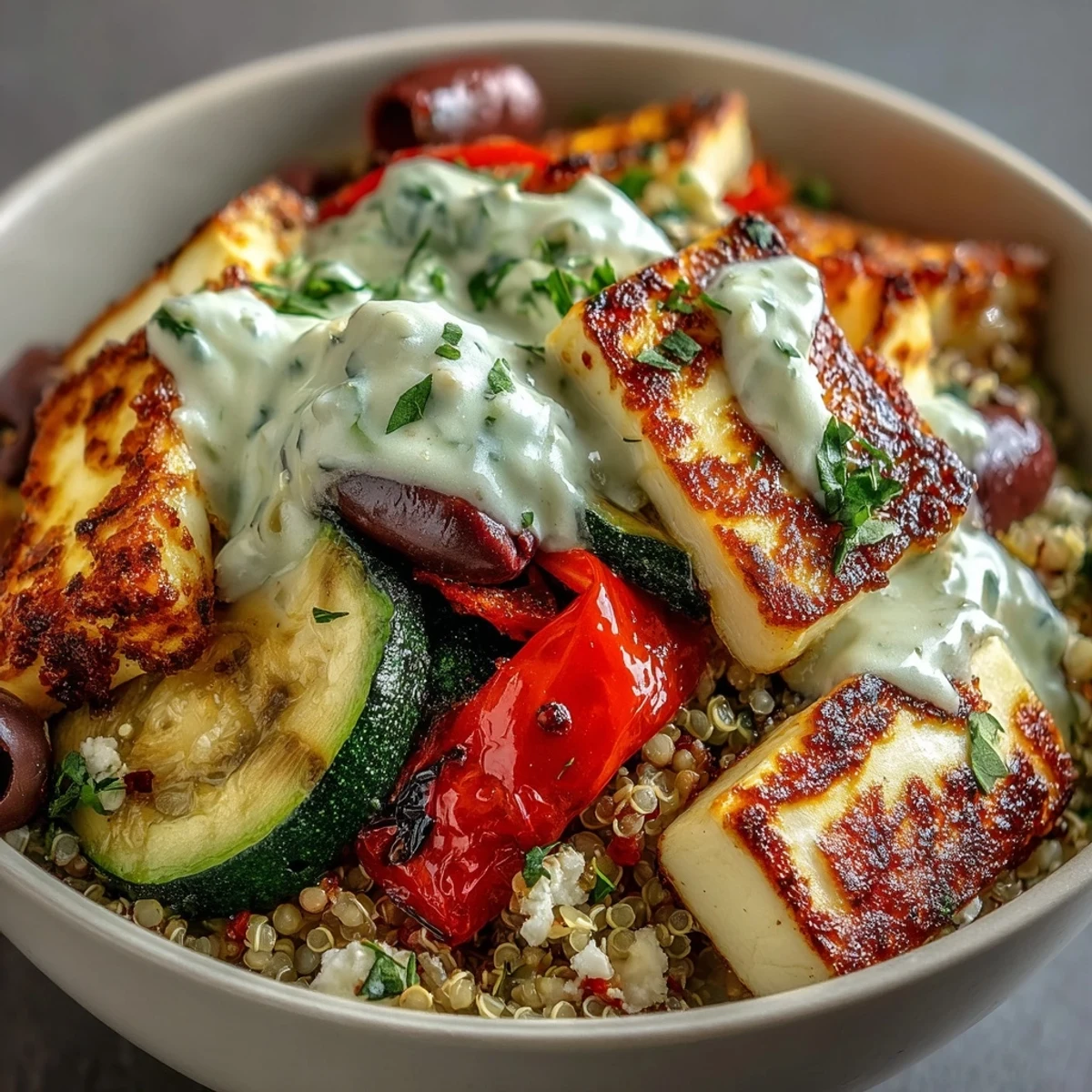 Tender grilled chicken or halloumi over a Healthy Grilled Mediterranean Bowl with eggplant, olives, and vibrant Greek-style toppings.