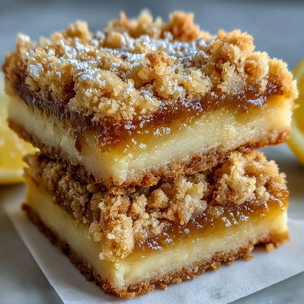 Homemade Lemon Crumb Bars with golden crumb topping dusted with powdered sugar, served on a rustic plate.