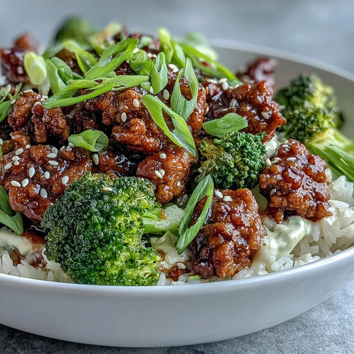 Savory Sweet and Spicy Turkey Broccoli Bowls ready to eat, garnished with fresh green onions and sesame seeds beside chopsticks on a wooden table.