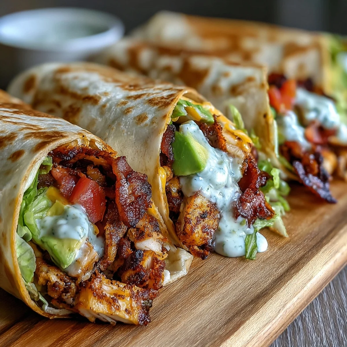 Golden-seared Crispy Chicken Bacon Wrap with melted cheddar and smoky bacon inside a toasted tortilla.