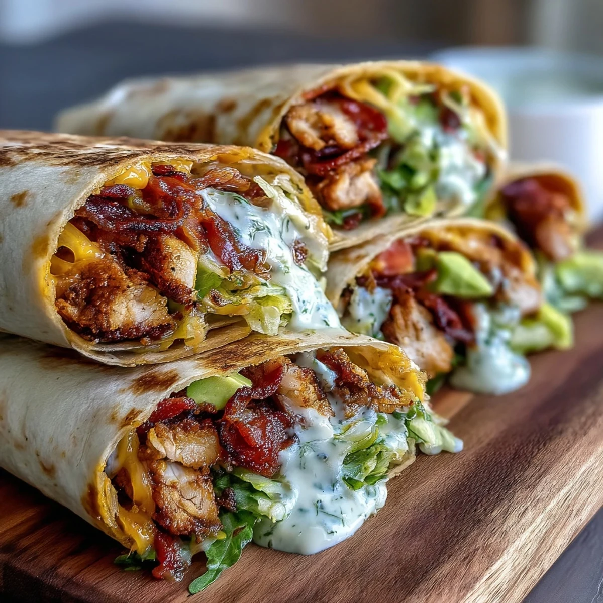 Homemade Crispy Chicken Bacon Wrap drizzled with tangy mayo sauce beside crispy fries for lunch.