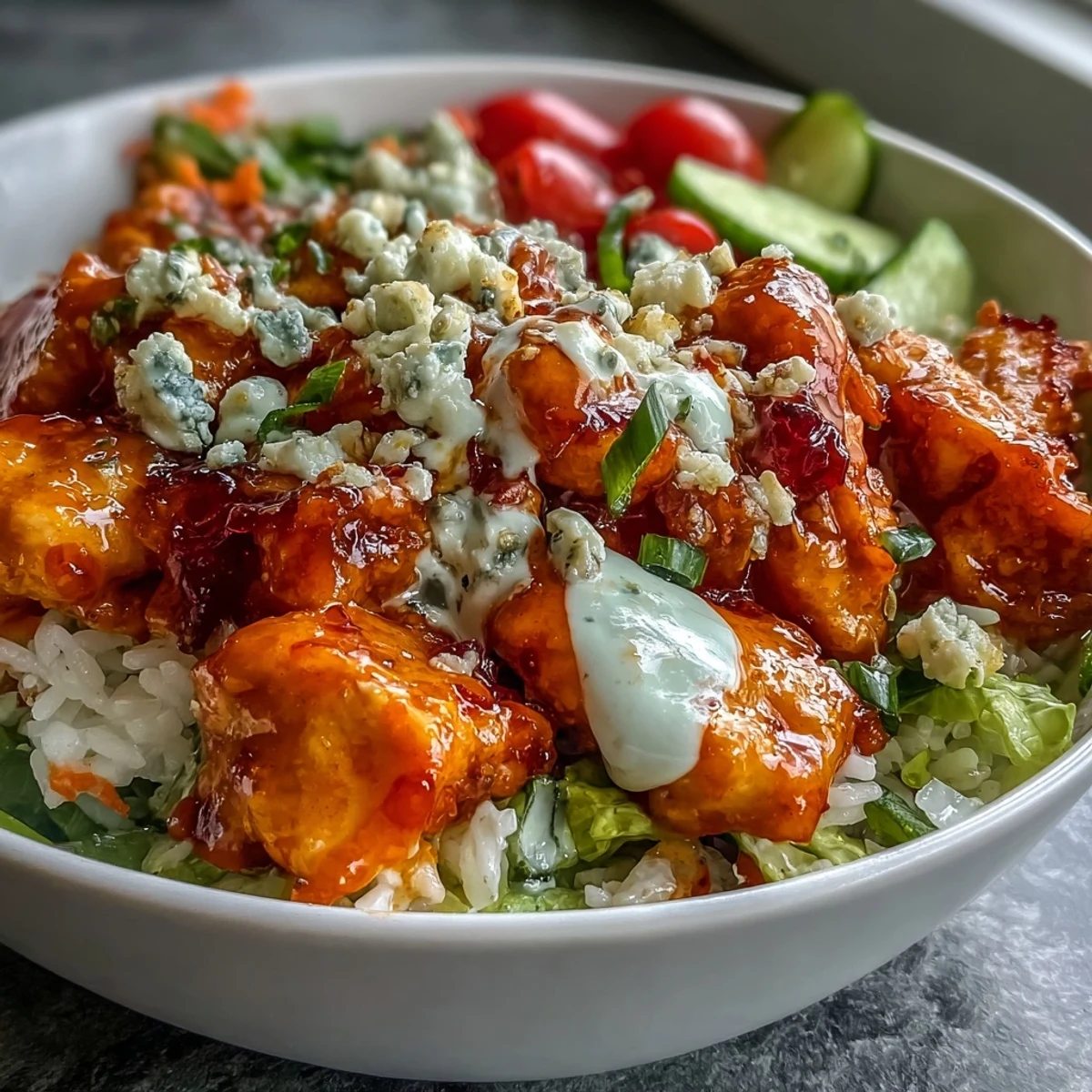 Spicy Buffalo Chicken Bowl featuring tender chicken pieces over rice, tomatoes, cucumbers, and a drizzle of ranch dressing.