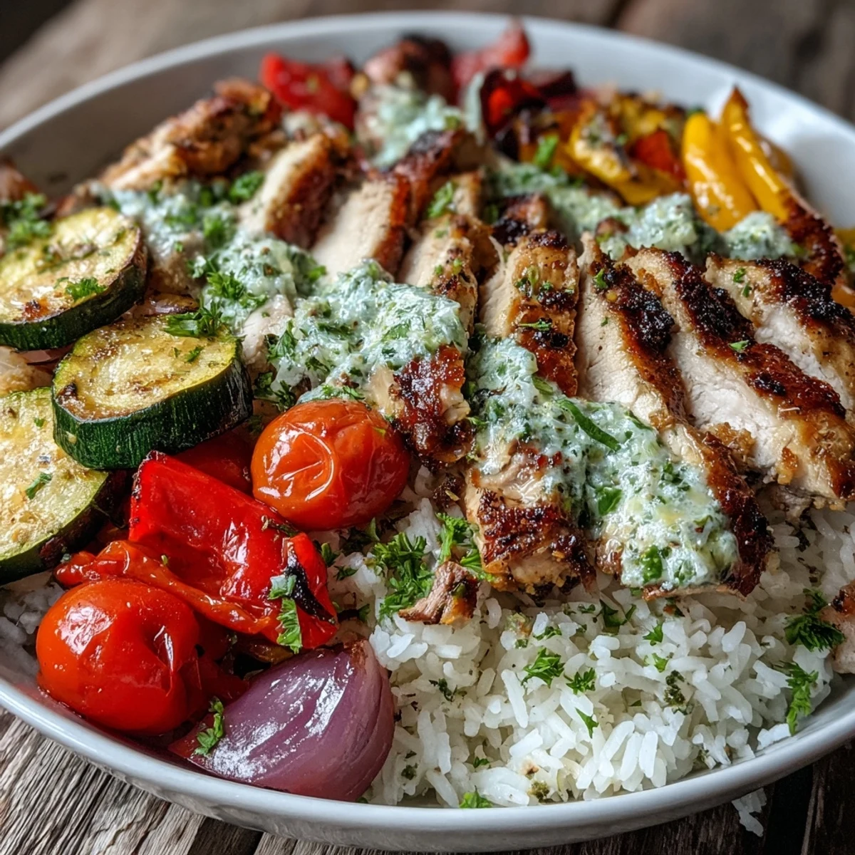 Herb-roasted chicken breast on fluffy rice with roasted red peppers, zucchini, and cherry tomatoes topped with zesty lemon dressing.