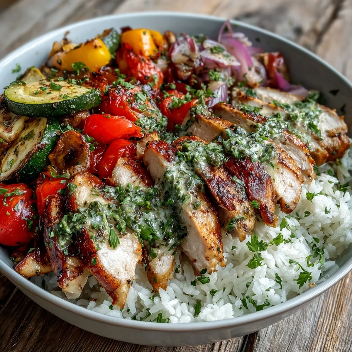 Sliced tender chicken over fluffy rice with caramelized vegetables and fresh lemon herbs in a wholesome dinner bowl.