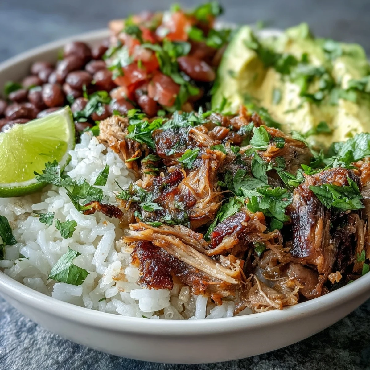 Freshly shredded slow-cooked carnitas rest on fluffy white rice inside a colorful bowl, topped with pinto beans, fresh tomato salsa, and creamy avocado slices.
