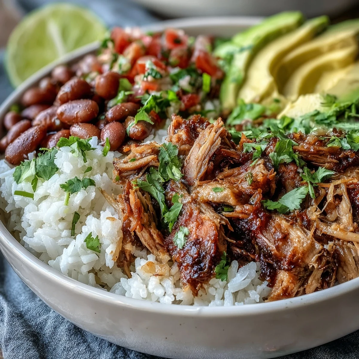 A hearty gluten-free Carnitas Bowl featuring tender pork carnitas, seasoned pinto beans, and vibrant toppings, perfect for a satisfying weeknight Mexican dinner.