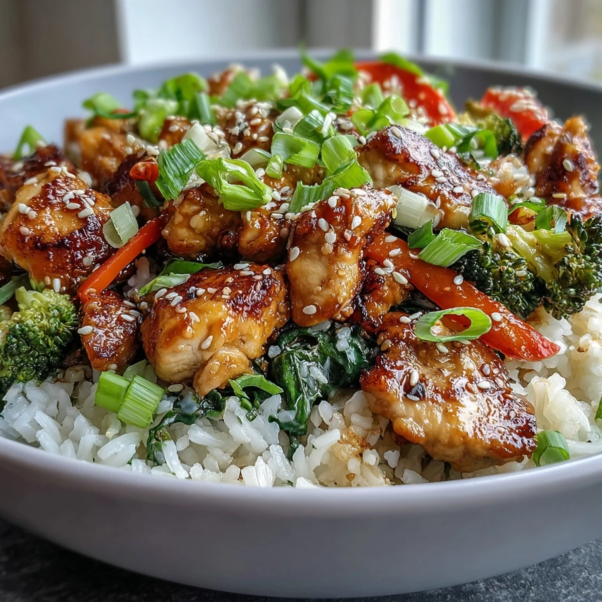 A close-up of a Chicken and Rice Bowl with tender chicken pieces, bright green broccoli, and orange carrots, all served over fluffy white rice.