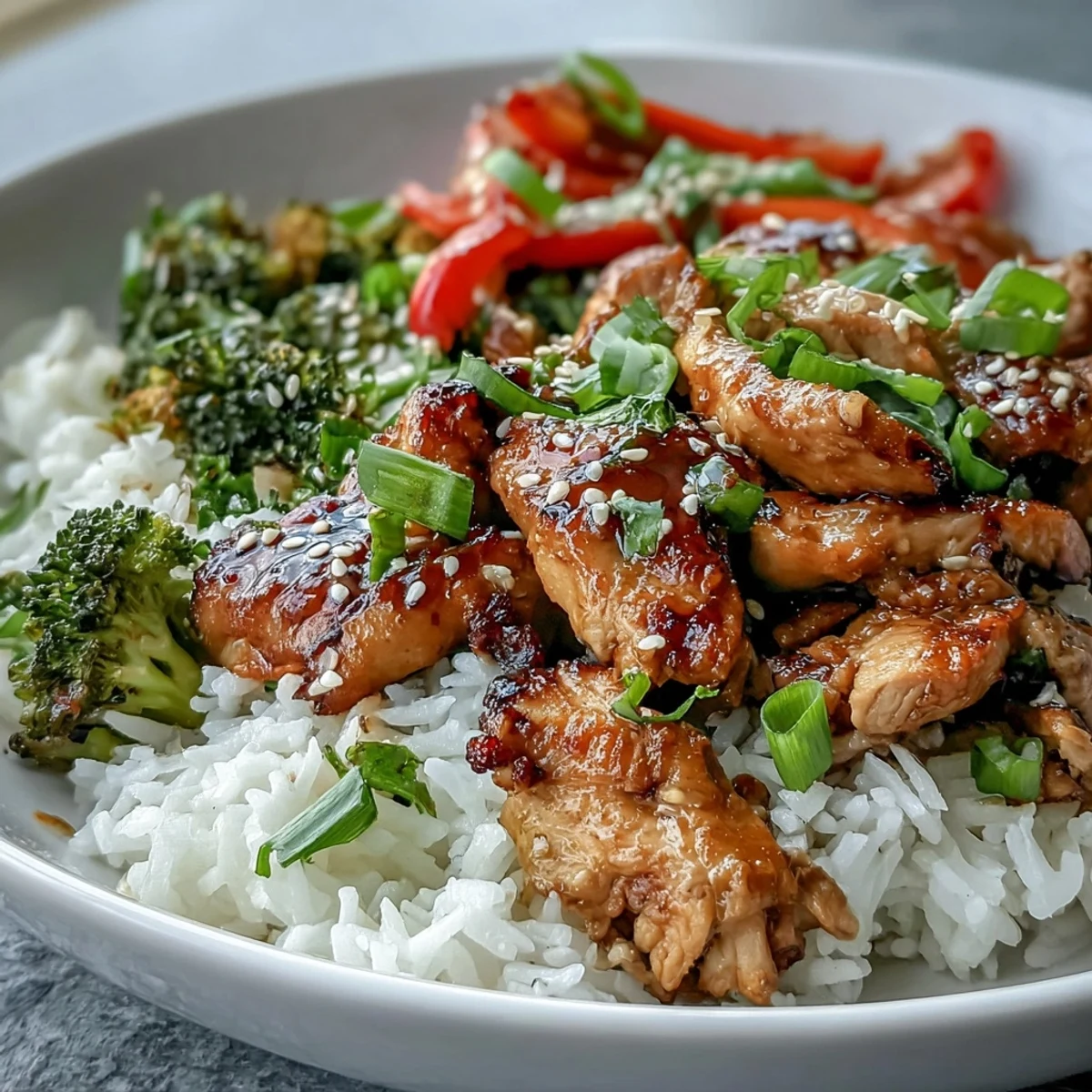 Top-down view of a vibrant Chicken and Rice Bowl garnished with sliced green onions and sesame seeds, resting on a rustic wooden table.