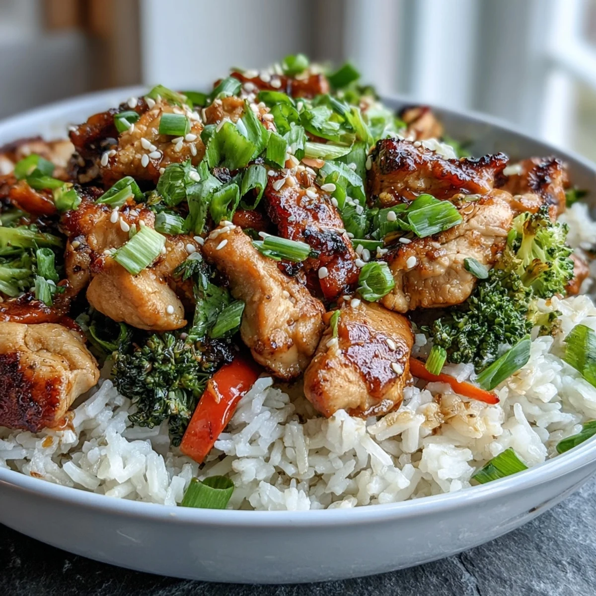A steaming bowl of Chicken and Rice Bowl featuring golden chicken, colorful bell peppers, and fresh cilantro, ready to be served for dinner.