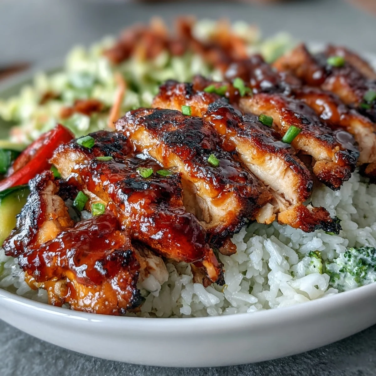 BBQ Chicken Bowl is served with colorful roasted veggies and a creamy scoop of coleslaw.