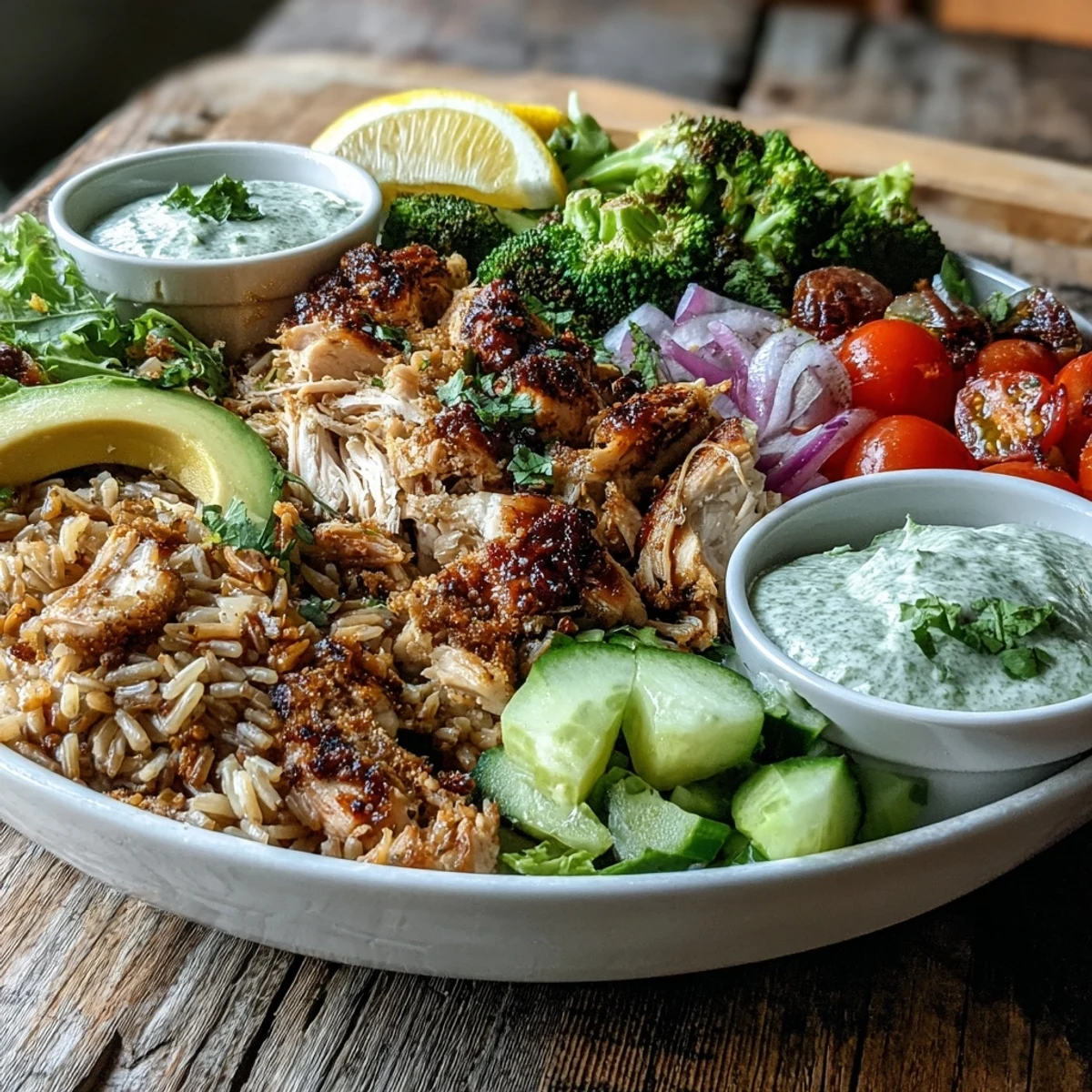 Rotisserie Chicken Bowl with shredded chicken, quinoa, avocado, and cherry tomatoes, drizzled with tzatziki sauce.