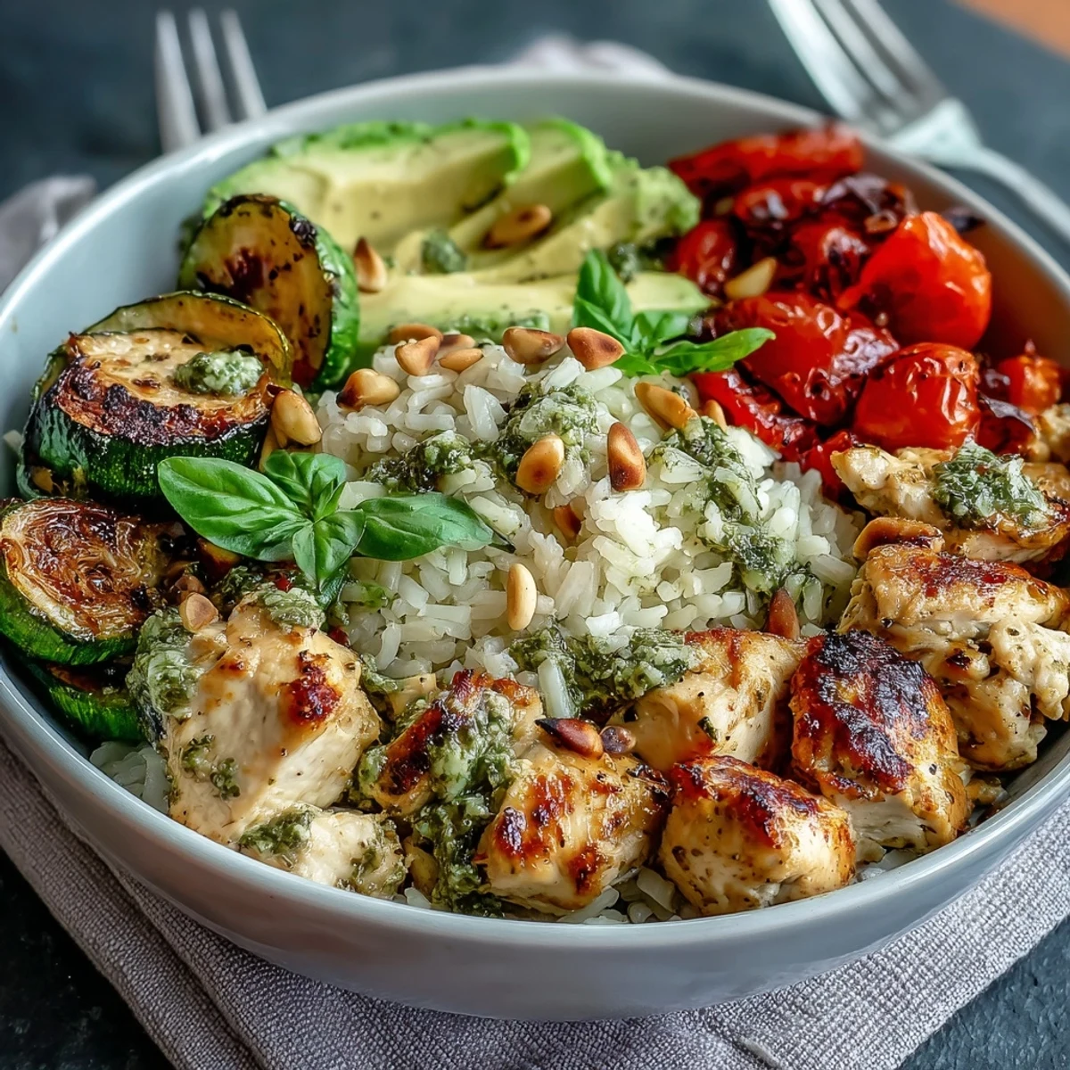 Freshly cooked Pesto Chicken Bowl with fluffy rice, juicy chicken, cherry tomatoes, avocado, and pine nuts on a white plate.