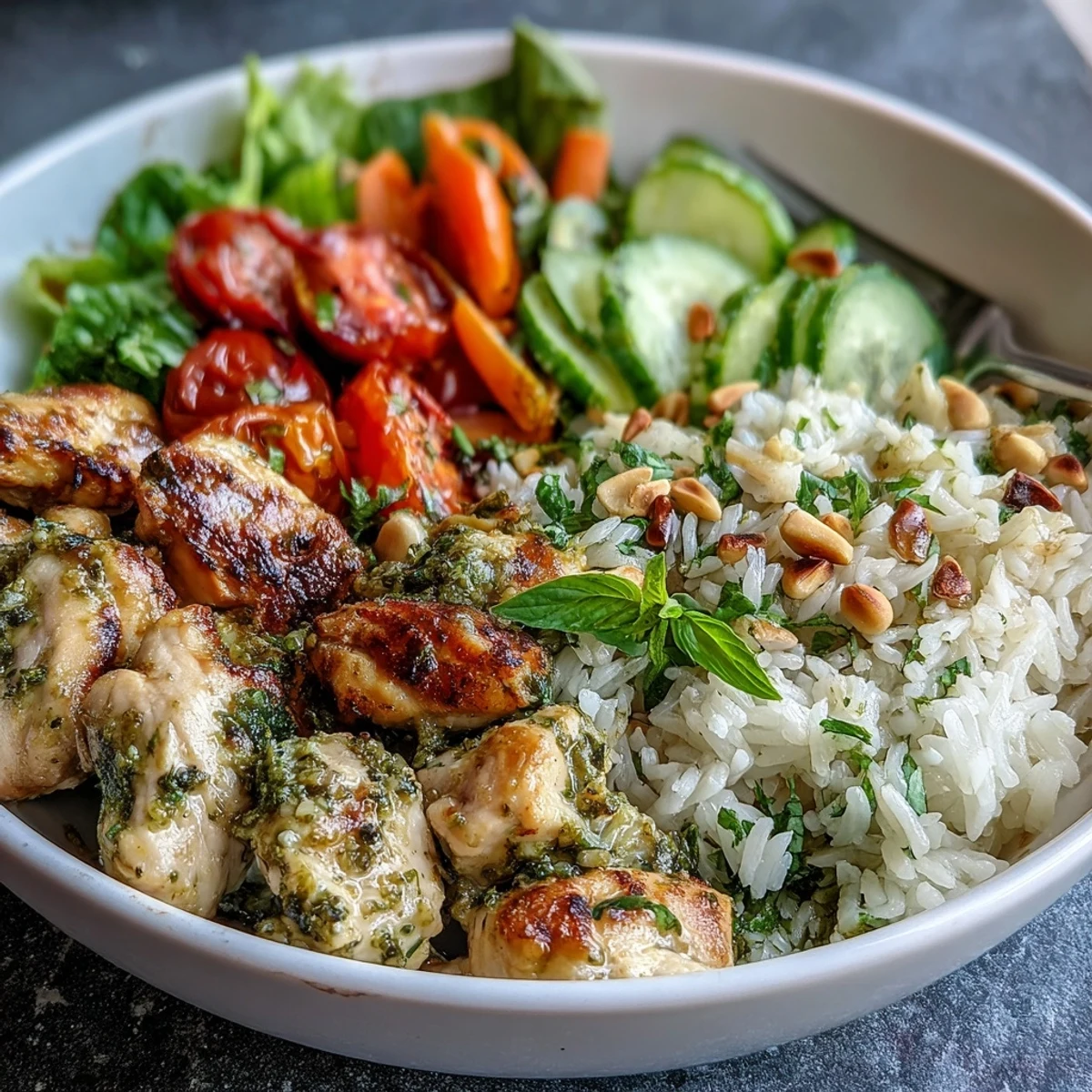 Delicious homemade Pesto Chicken Bowl featuring tender basil marinated chicken, fresh vegetables, and toasted pine nuts, ready to enjoy immediately.
