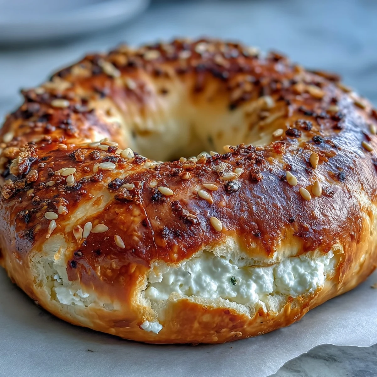 Warm Greek Yogurt Bagels cooling on a wire rack, brushed with egg wash, sesame and poppy seeds adding a savory crunch.