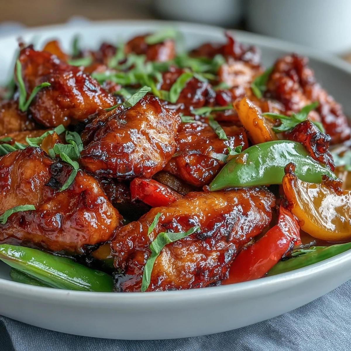 Spicy Sweet Chicken Diablo glazed in a glossy, fiery red sauce served over fluffy jasmine rice with green onions and sesame seeds.