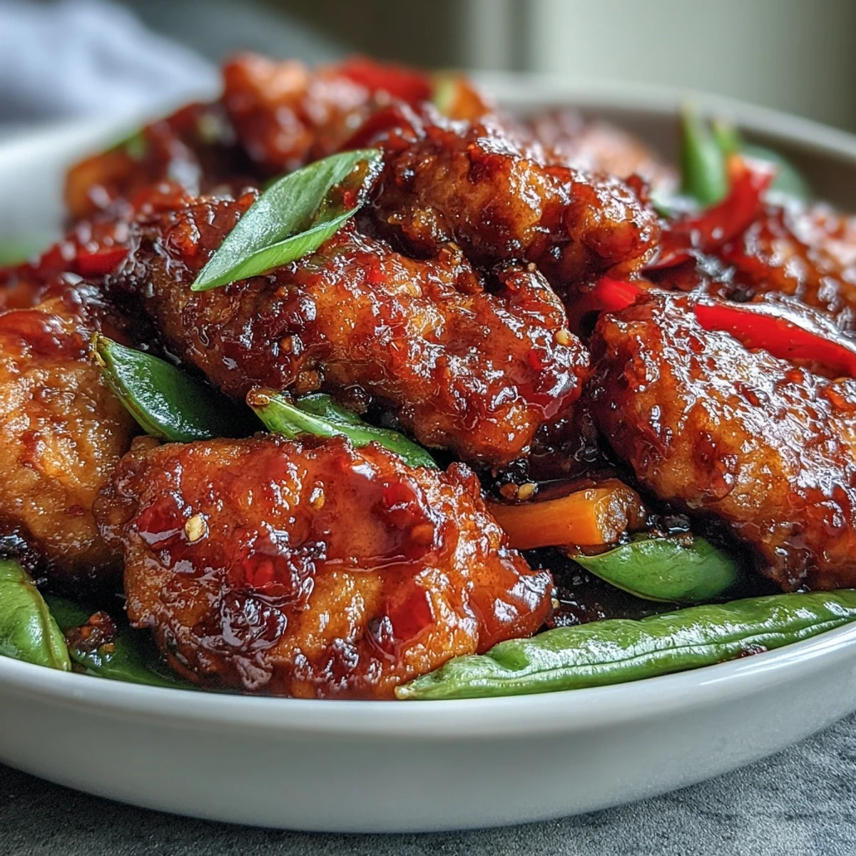 Juicy golden-brown chicken thighs stir-fried with crisp red and yellow bell peppers, snap peas, and onions tossed in a sweet and spicy glaze.