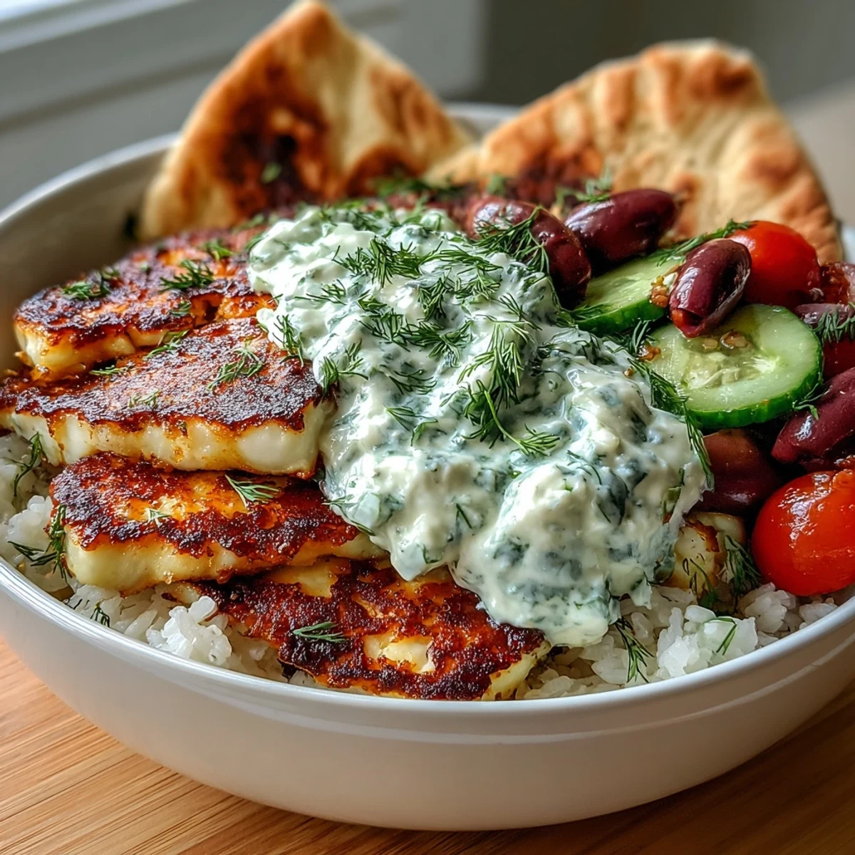 Golden-seared Greek Halloumi Power Bowl with crisp vegetables and creamy tzatziki on a bed of rice.