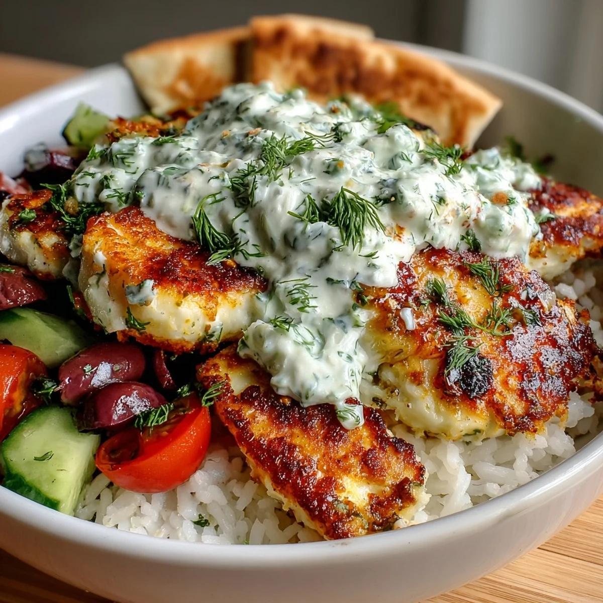 This vibrant Mediterranean-inspired bowl features warm pita wedges for scooping up all the savory flavors.