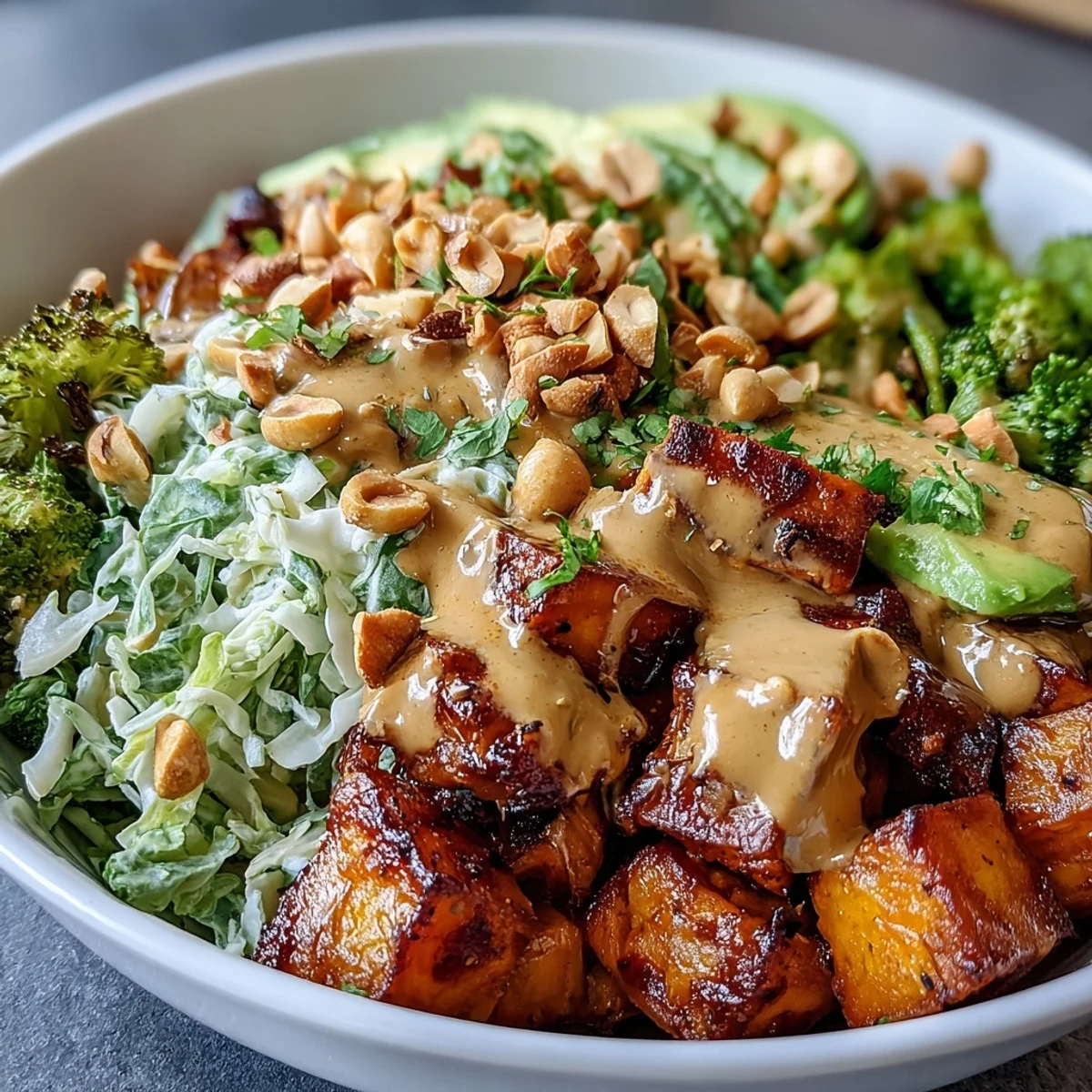 Freshly roasted sweet potatoes and crisp veggies in Thai Peanut Sweet Potato Buddha Bowl drizzled with creamy peanut sauce.