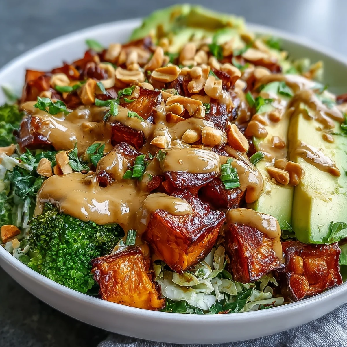 Vibrant Thai Peanut Sweet Potato Buddha Bowl topped with cilantro and peanuts, perfect for healthy meal prep bowls.