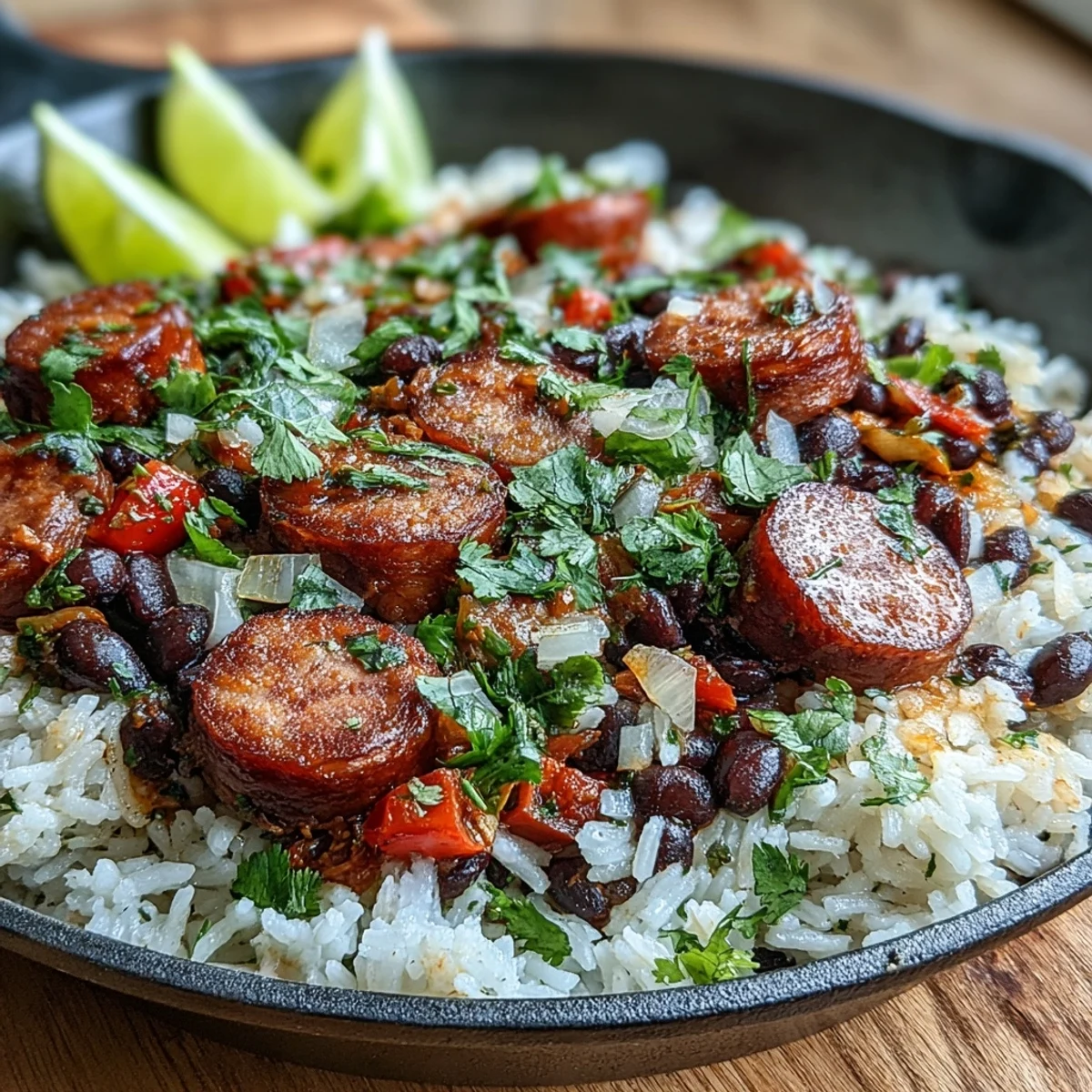 A close-up of the Black Beans, Sausage, and Rice Skillet shows smoky sausage slices nestled in fluffy rice and tender beans.
