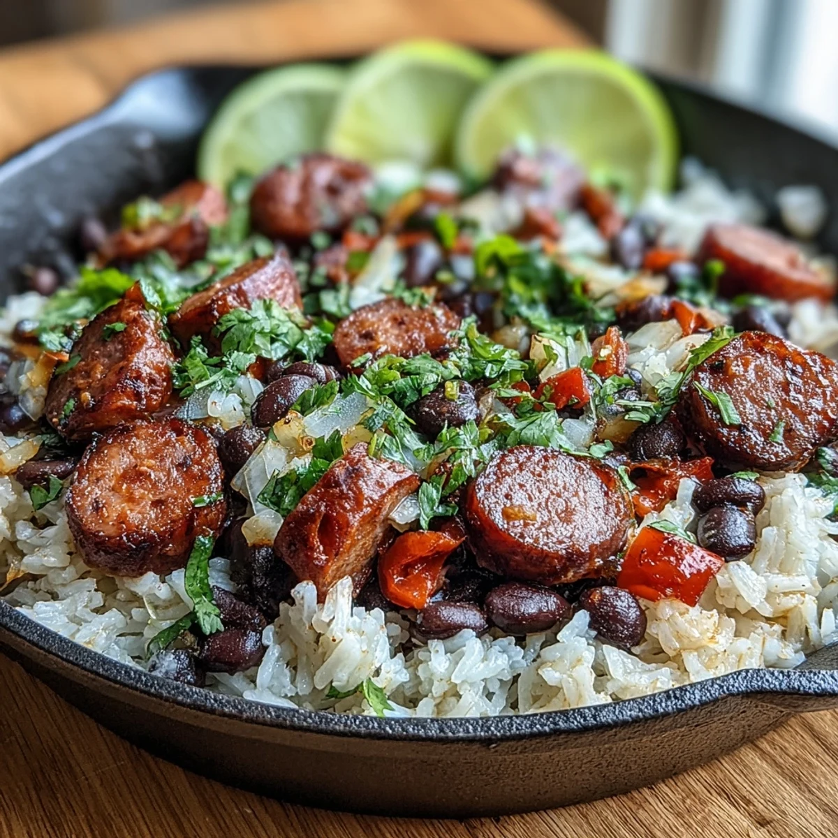 Spoon lifted from a steaming skillet of Black Beans, Sausage, and Rice Skillet revealing juicy sausage, black beans, and peppers.