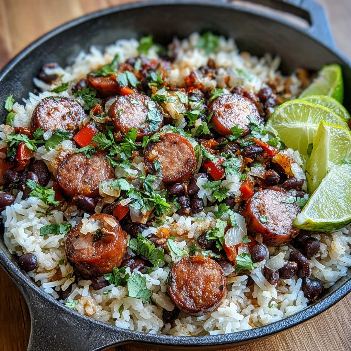 The finished Black Beans, Sausage, and Rice Skillet served in a skillet topped with cilantro and lime wedges.