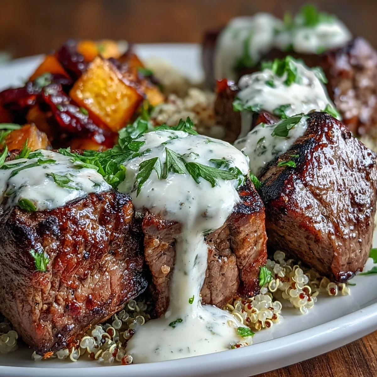 Golden roasted butternut squash and seared steak bites rest on fluffy quinoa, drizzled with creamy garlic herb sauce for this Savory Butternut Squash & Garlic Herb Steak Bowls.