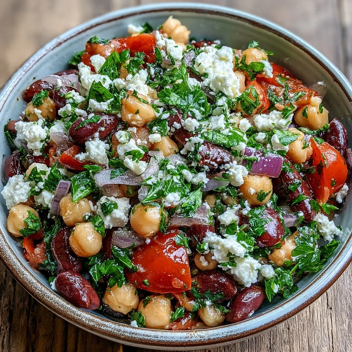 A close-up of vibrant Divorce Salad with red onions, parsley, and a glistening olive oil dressing.