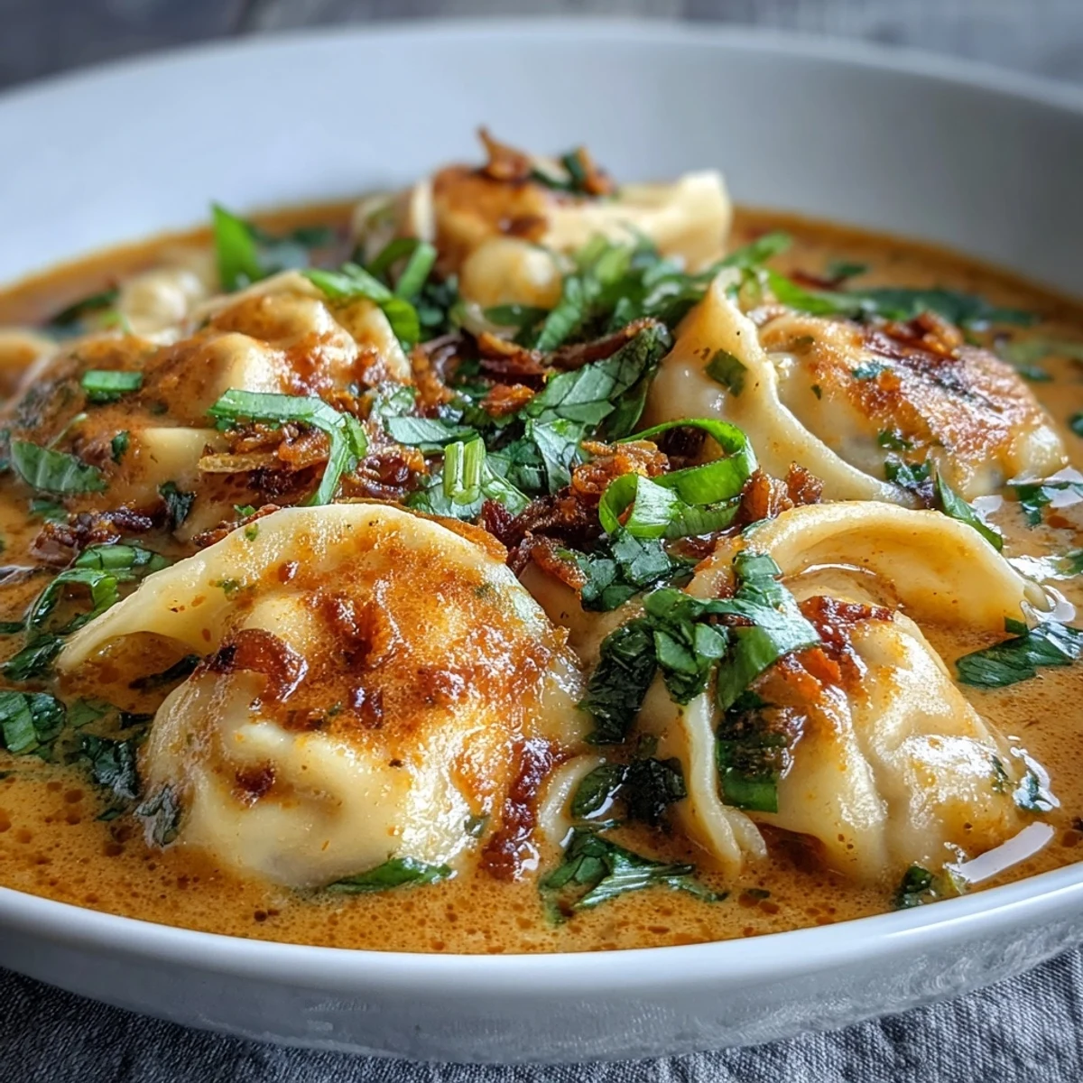 Quick Coconut Curry Soup with Dumplings in a creamy orange broth with scallions and cilantro garnish.