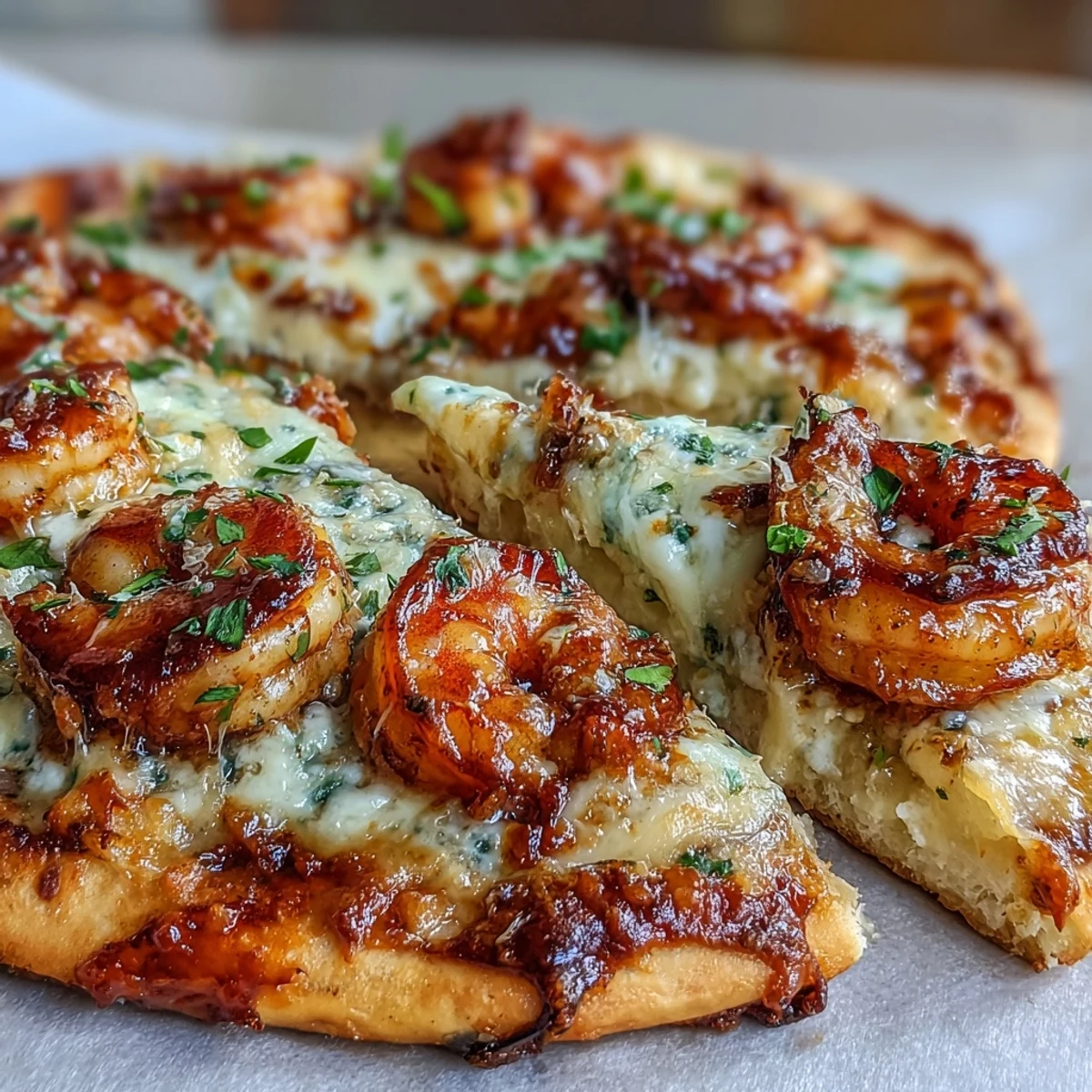 Golden, bubbly mozzarella and garlic butter shrimp top warm, chewy naan bread on a rustic cutting board.