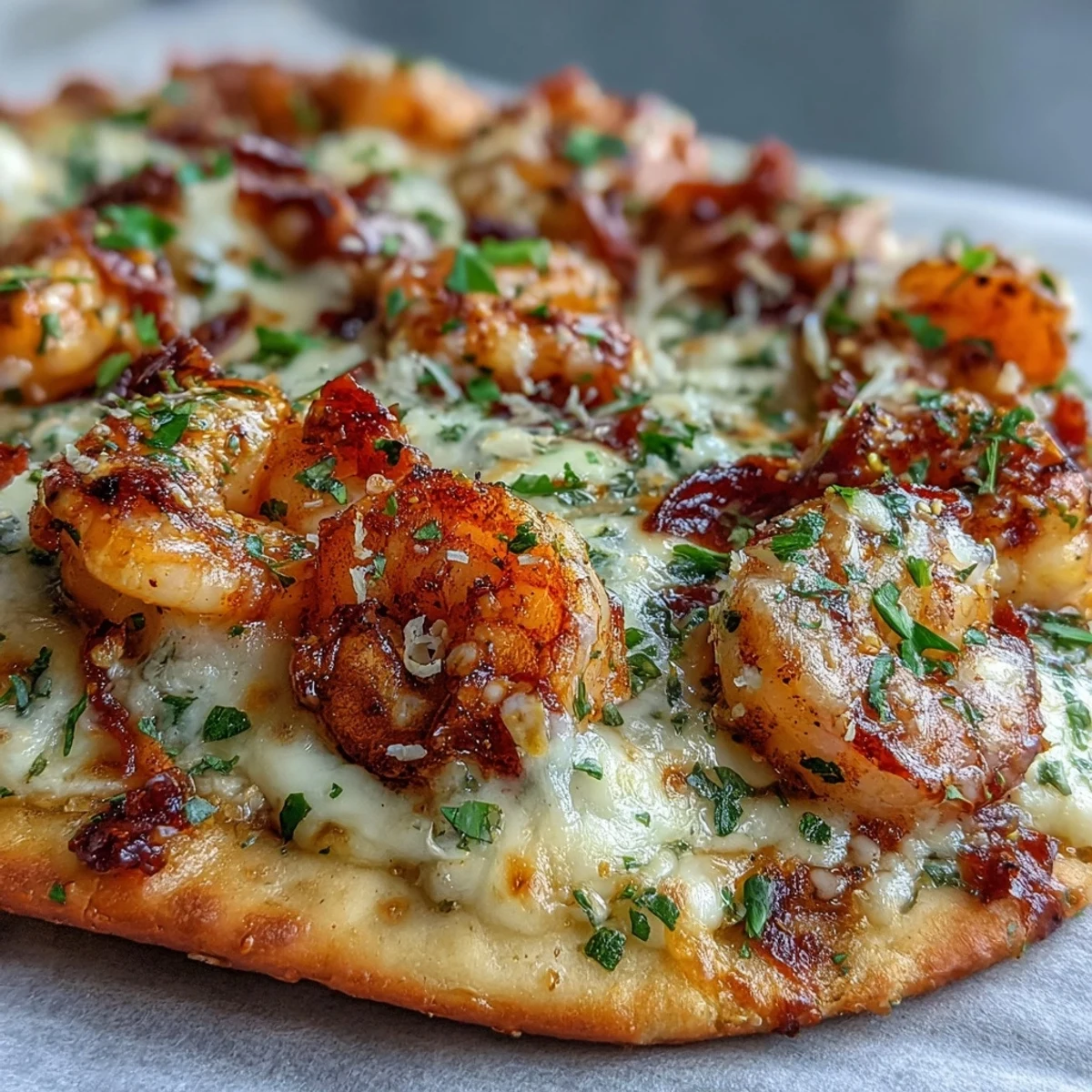 Succulent shrimp and melty cheese melt together on garlic naan for a quick weeknight fusion pizza.