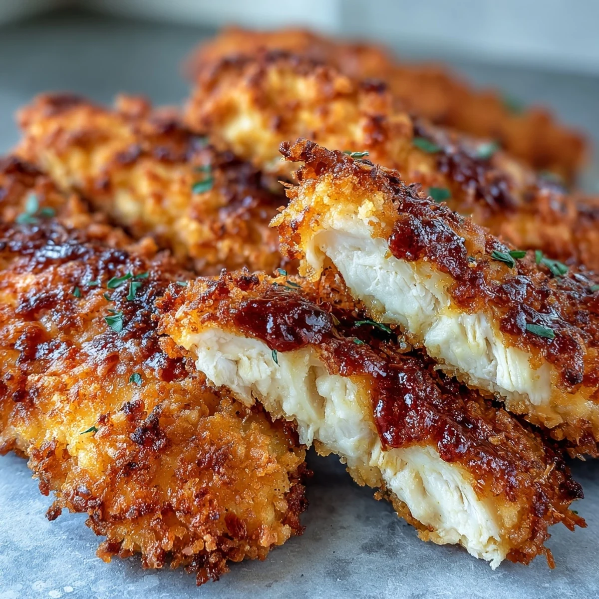 Golden-brown Crispy Panko Ranch Chicken Tenders rest on a wire rack, oven-baked to crunchy perfection.