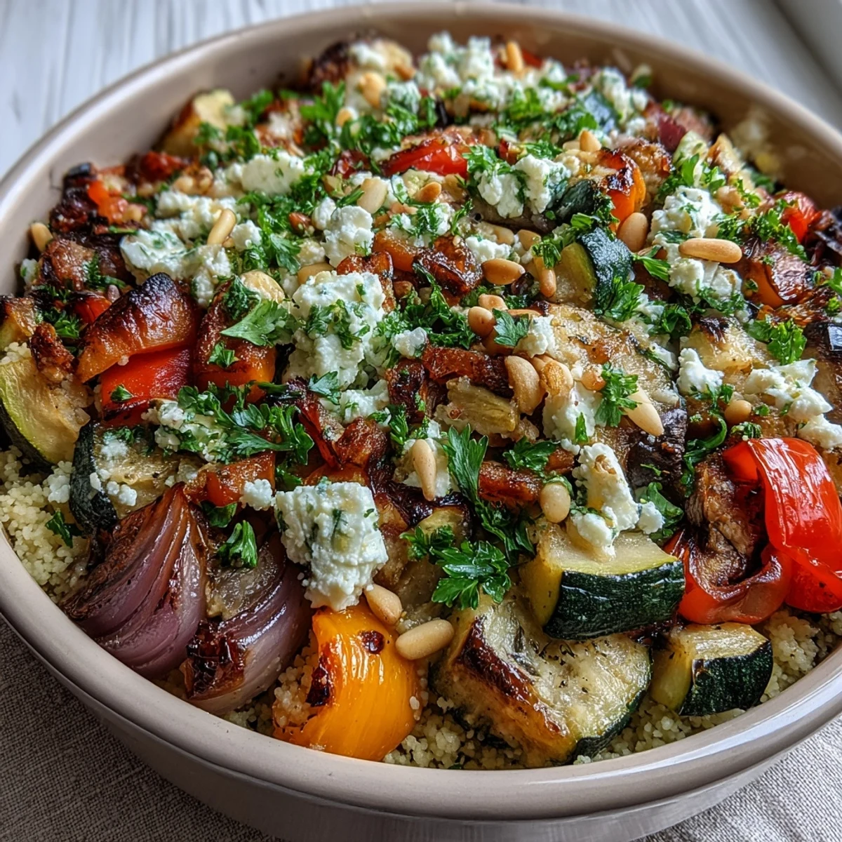 Golden-brown Roasted Veggie & Feta Couscous Bake fresh from the oven, topped with crumbled feta and fresh parsley.