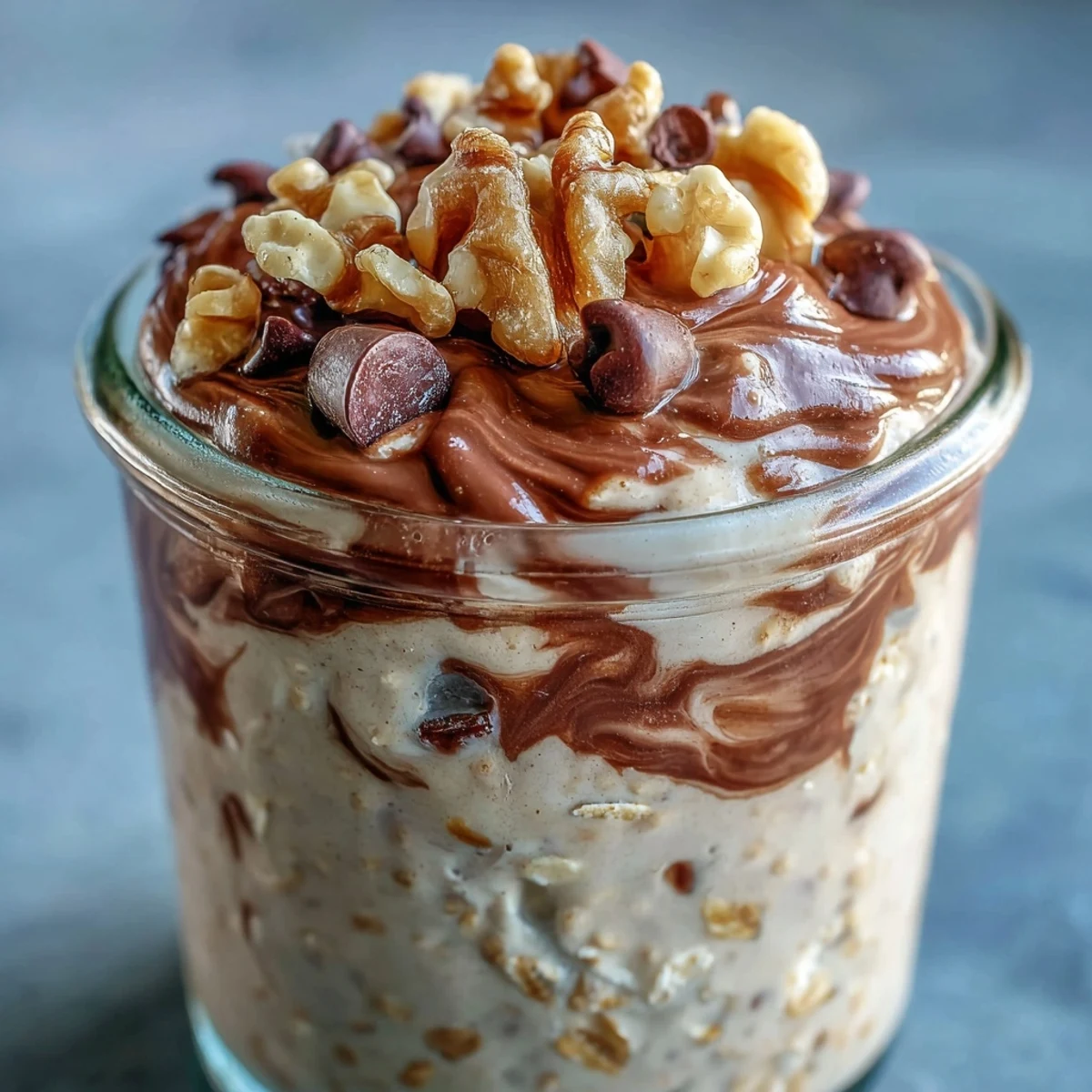 Chunky Monkey Protein Overnight Oats topped with sliced bananas and walnuts, ready to enjoy for an easy breakfast.