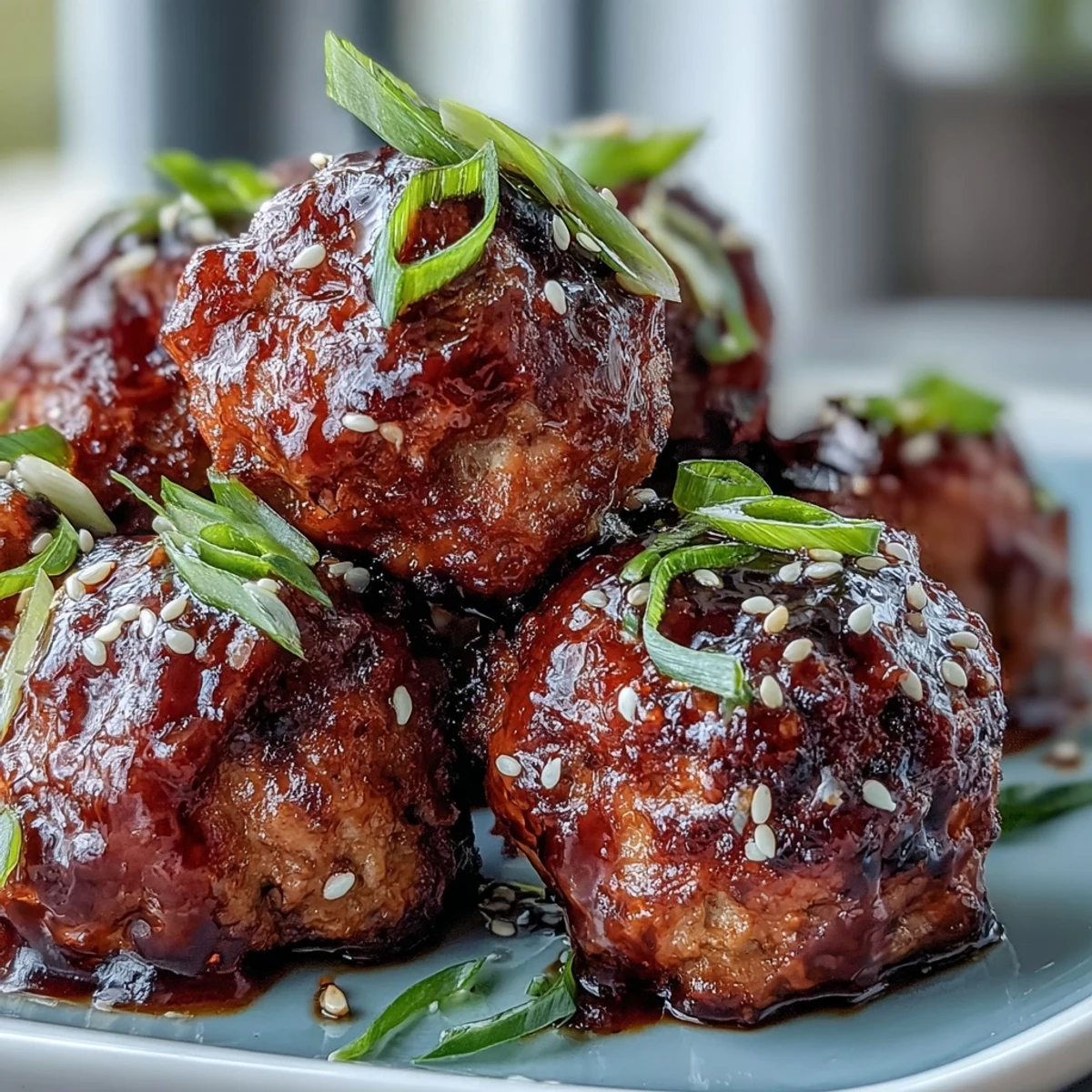 Oven-baked Spicy Chili Honey Turkey Meatballs glisten in a sweet and spicy glaze, topped with fresh cilantro.