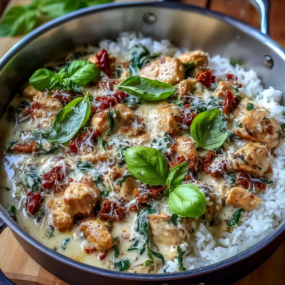 Fresh basil and sun-dried tomatoes top this hearty, one-pan Creamy Tuscan Chicken Rice Skillet.