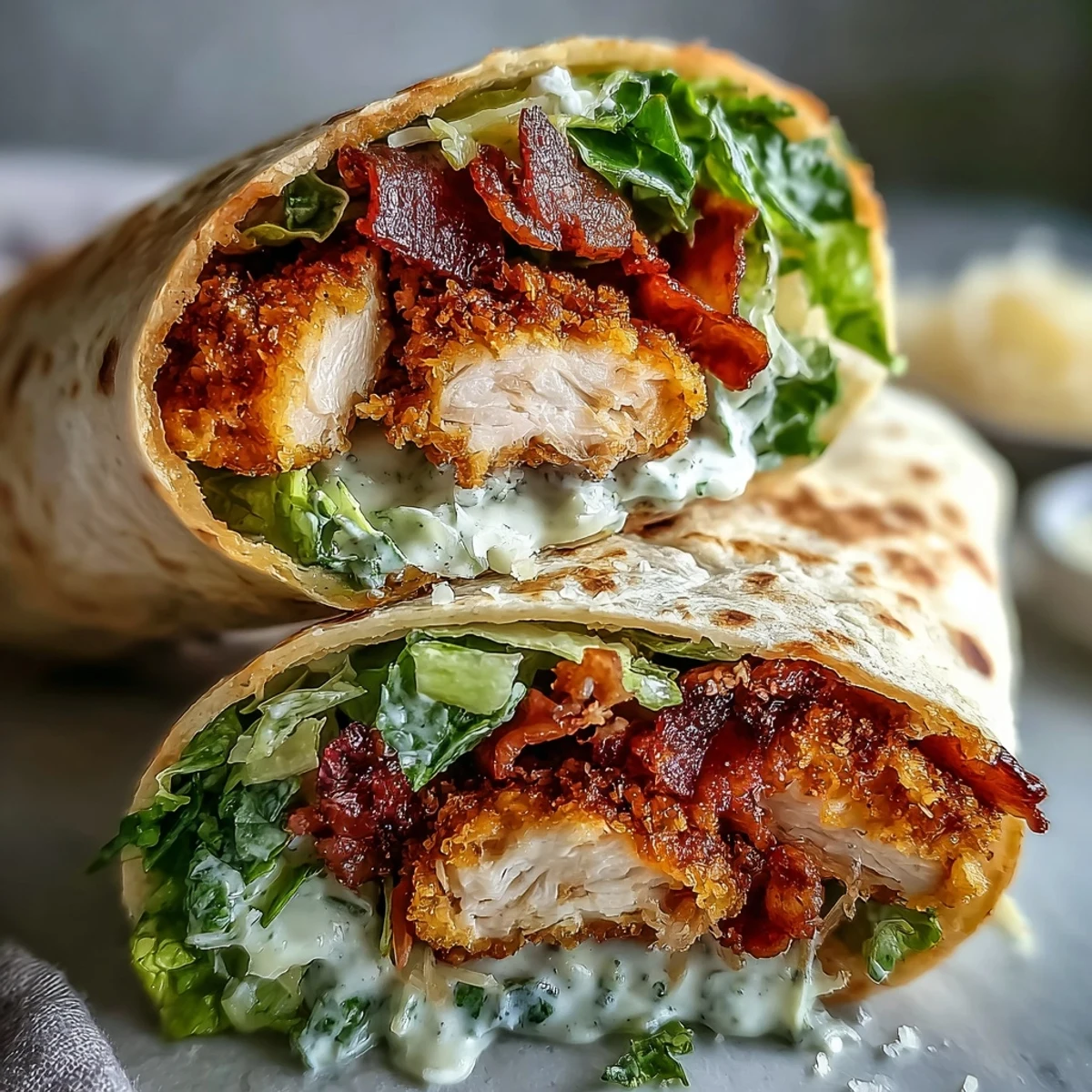 Golden-brown crispy chicken thighs and smoky bacon fill a soft flour tortilla with Caesar salad.