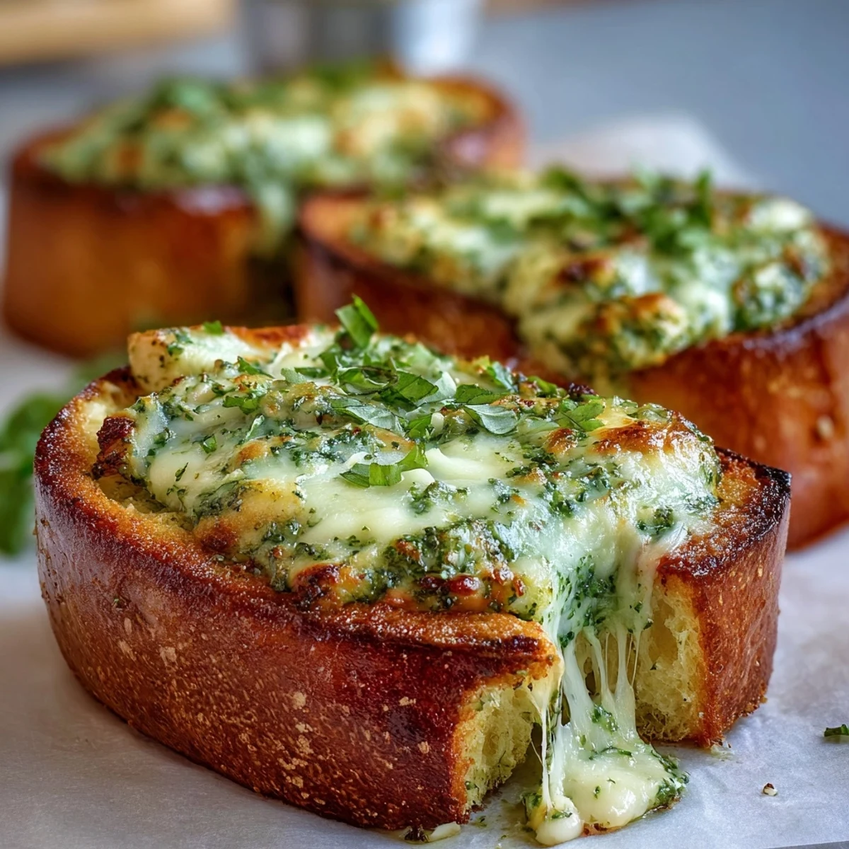 Savory Pesto Chicken Garlic Bread Boats cut into pieces, revealing juicy chicken pesto filling and gooey cheese.