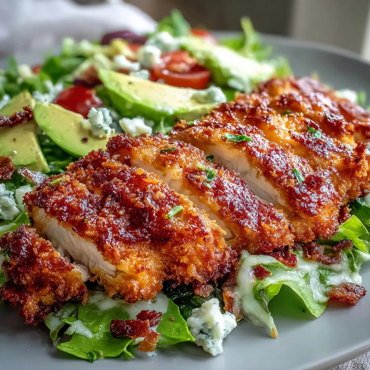 Golden baked Parmesan crusted chicken slices top a loaded Cobb salad with cucumbers, hard-boiled eggs, and crispy bacon.