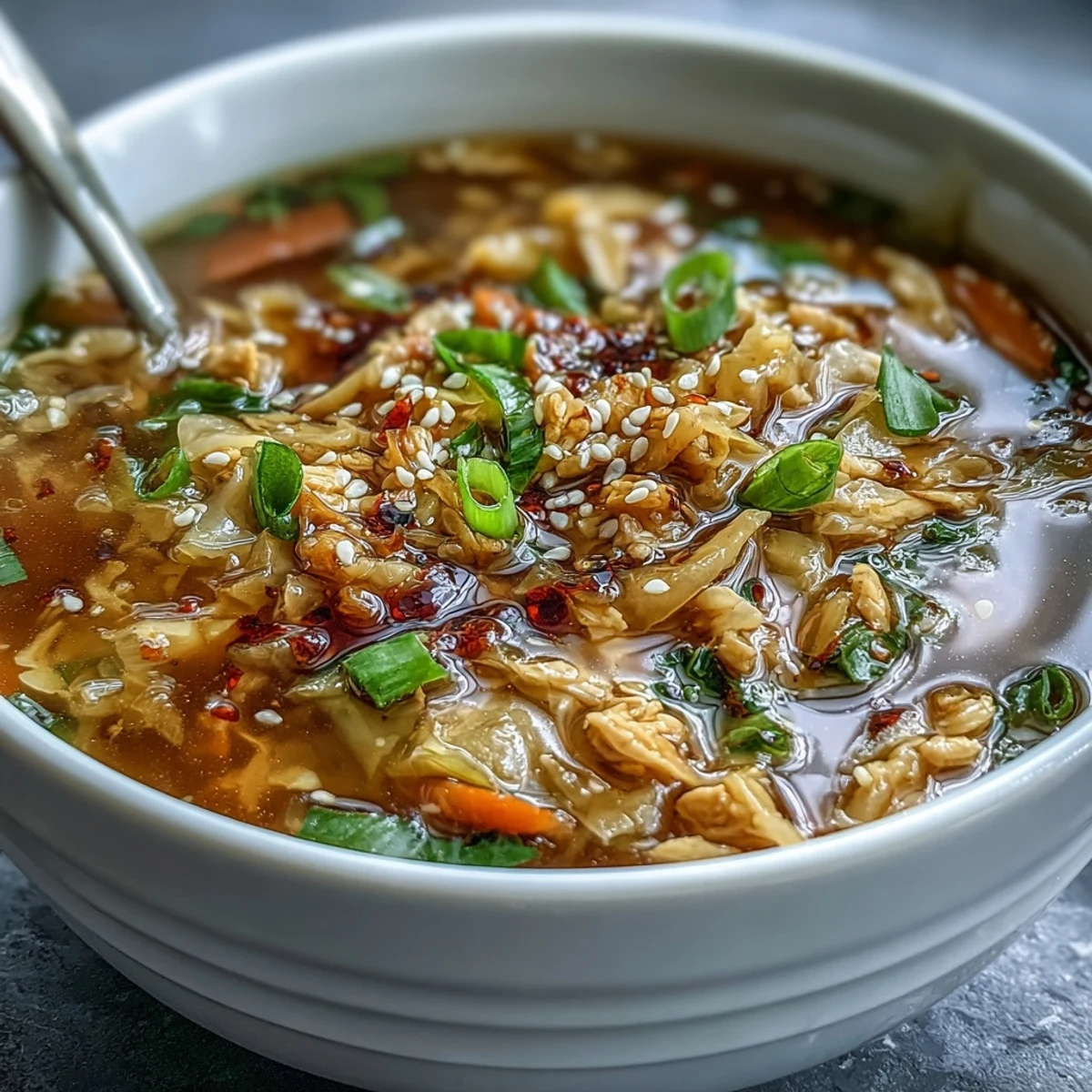A steaming bowl of Egg Roll Soup with Chicken & Cabbage, topped with chili crisp and green onions.