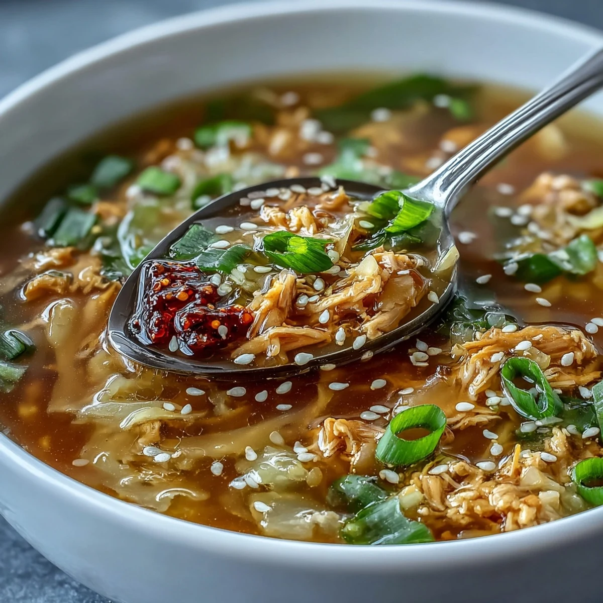 Enjoy a comforting serving of Egg Roll Soup with Chicken & Cabbage, garnished with sesame seeds and vibrant green onions.