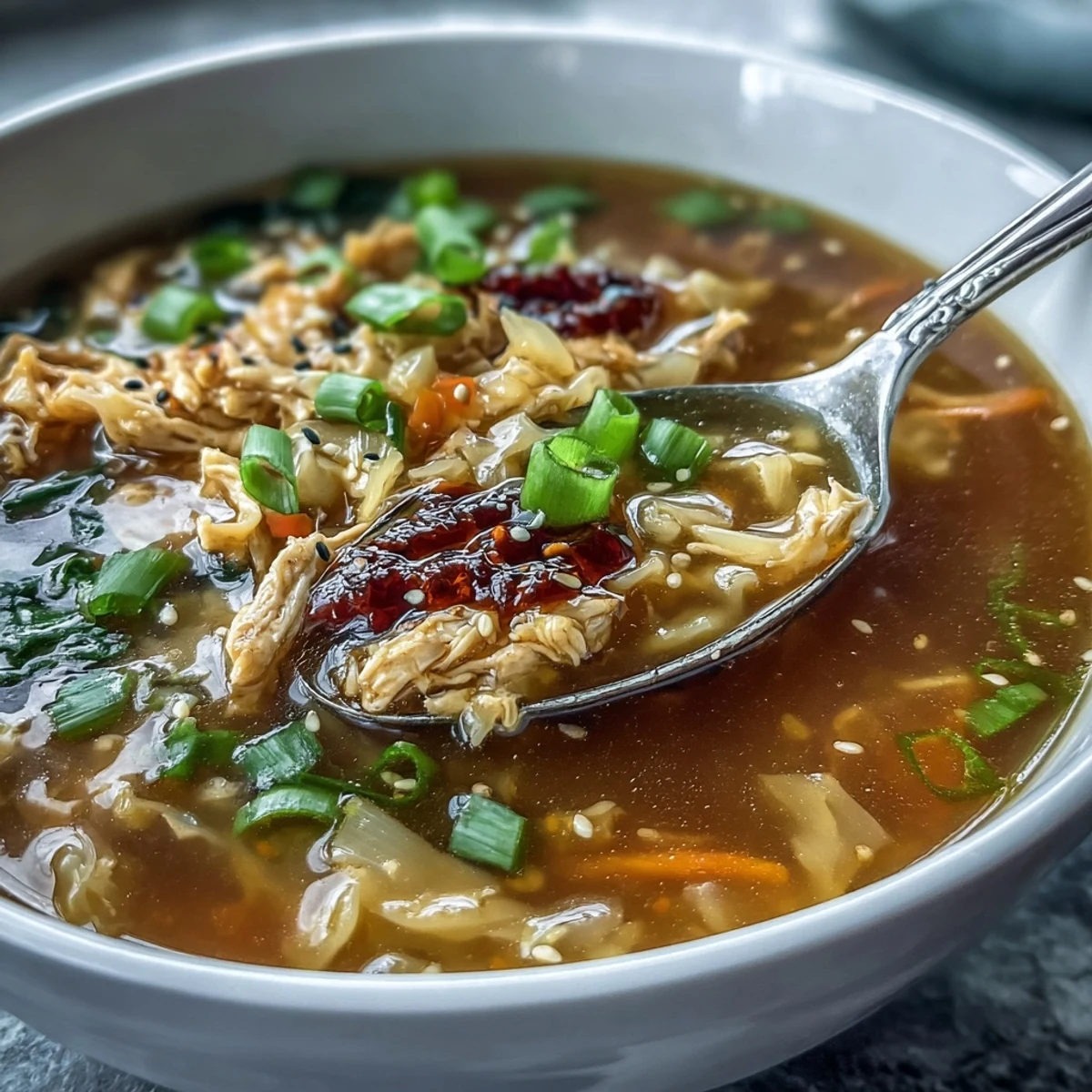 Egg Roll Soup with Chicken & Cabbage in a rustic bowl, featuring tender cabbage and shredded carrots in savory broth.